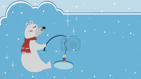 Photo for Friendly polar bear with a red scarf fishing in a hole in the ice - Royalty Free Image