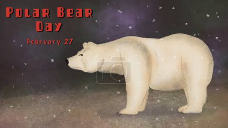 Foto de Día del Oso Polar el 27 de febrero con un oso polar en el hielo con una aurora boreal en el fondo y nieve - Imagen libre de derechos