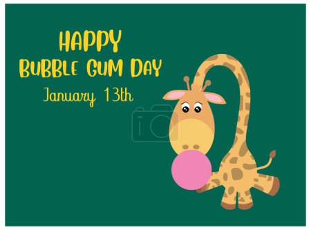 Foto de Giraffe sitting chewing gum with text and green background, celebrating World Chewing Gum Day on January 13 - Imagen libre de derechos