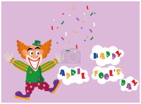 Téléchargez les illustrations : April Fool's Day and a funny clown in colorful suit and hat throwing confetti - en licence libre de droit