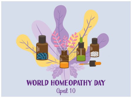 Téléchargez les illustrations : World Homeopathy Day with bottles of homeopathic medicines surrounded by plants - en licence libre de droit