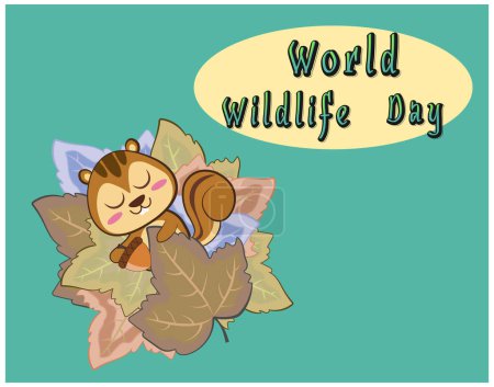 Ilustración de Día de la Vida Silvestre con una linda ardilla durmiendo entre las hojas del bosque - Imagen libre de derechos