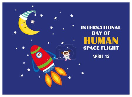 Illustration for International Human Spaceflight Day on April 12 with a spacecraft, two small astronauts and a moon - Royalty Free Image