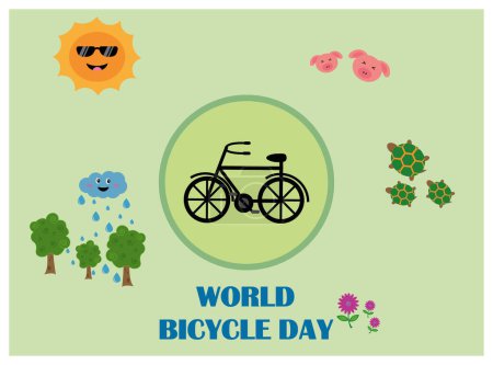 Téléchargez les illustrations : Journée mondiale du vélo avec un vélo dans un cercle vert, un soleil, des animaux et une forêt - en licence libre de droit