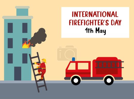 Photo for International Firefighters' Day with a firefighter climbing the ladder to extinguish a building fire - Royalty Free Image