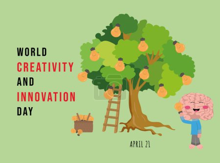 Illustration for World Day of Creativity and Innovation with a big-brained character picking up lit light bulbs from a big tree - Royalty Free Image
