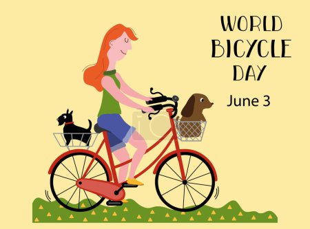 Ilustración de Día Mundial de la Bicicleta el 3 de junio con una chica pelirroja montando una bicicleta roja y llevando dos perros en estilo plano - Imagen libre de derechos