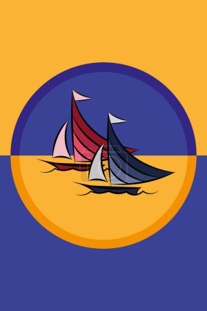 Foto de Silueta de dos veleros en el mar dentro de un círculo naranja y azul - Imagen libre de derechos