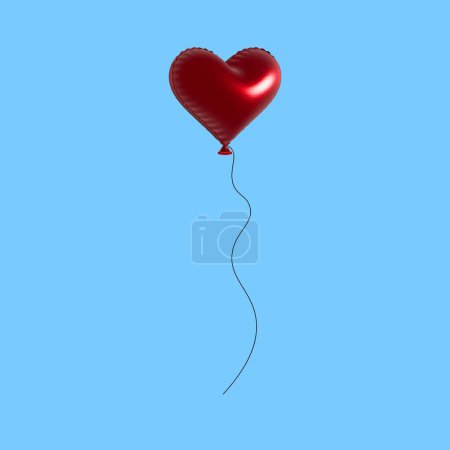 Téléchargez les illustrations : Ballon rouge Saint-Valentin en forme de coeur en style 3d sur fond bleu - en licence libre de droit