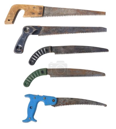 set of old vintage garden hand pruning saws. Tree saw designed for single-hand use, isolated on white background