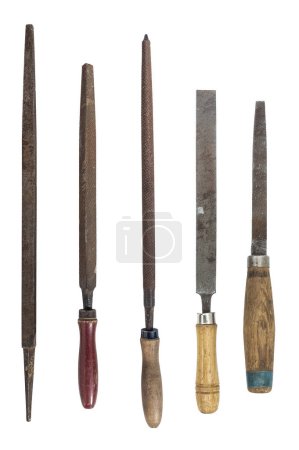 Photo for Set of old used rasp hand file tools. isolated on white background - Royalty Free Image