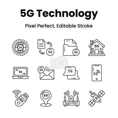 Téléchargez les illustrations : Révolutionnez vos conceptions avec nos icônes du réseau 5G Inspirez l'innovation et véhiculez l'essence de la technologie de pointe grâce à une collection de captivants - en licence libre de droit