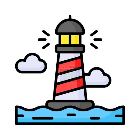 Ein Turm mit einem Leuchtfeuer zur Warnung oder Führung von Schiffen auf See, gut gestaltete Ikone des Leuchtturms