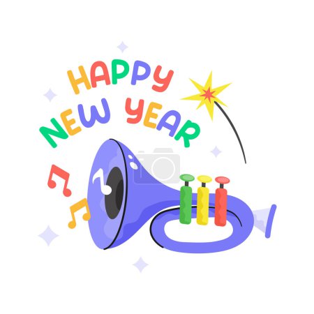 Ilustración de Feliz año nuevo diseño de vectores de fiesta, icono de la trompeta, fiesta de celebración de año nuevo 2024 - Imagen libre de derechos