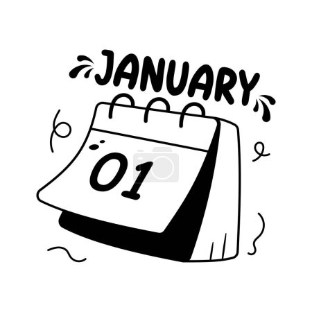 Illustration for 1st january date on calendar showing concept flat sticker of happy new year calendar icon, hand drawn vector of new year calendar - Royalty Free Image