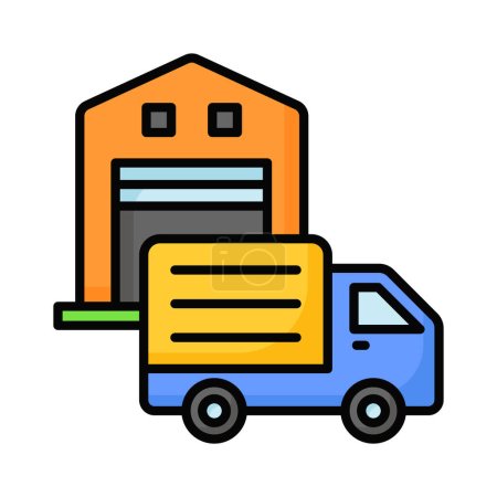 Illustration for Delivery van front of warehouse showing concept icon of logistics delivery, order fulfillment vector design - Royalty Free Image
