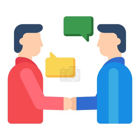 Illustration for Two persons shaking hands and having conversation, flat modern icon of communication - Royalty Free Image