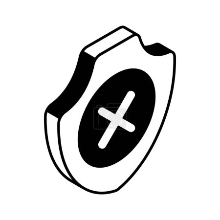 Croix sur le bouclier, icône isométrique d'alerte de sécurité ou aucun vecteur de sécurité, non vérifié