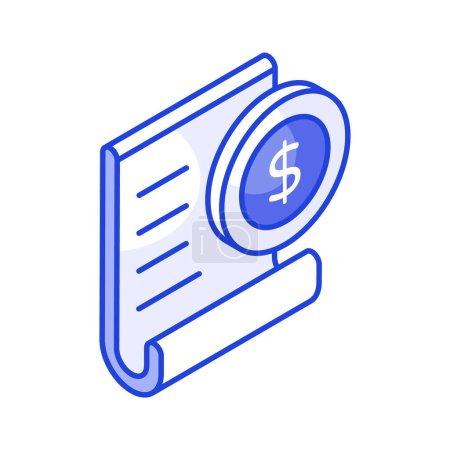 Dollar coin with page denoting concept icon of receipt, bill isometric vector design