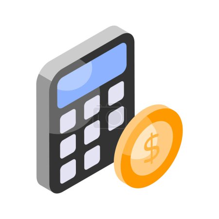 Calculadora con moneda que denota vector concepto contable, icono de cálculo de dinero