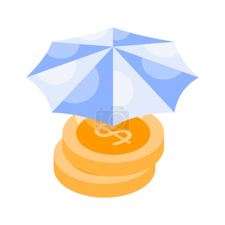 Dollar coins under umbrella, a concept of financial insurance icon in modern isometric style