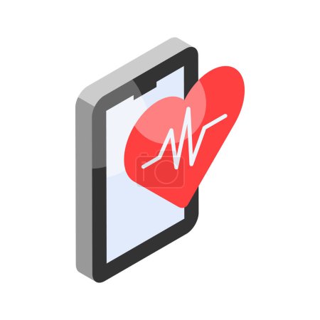 Heartbeat inside heart with mobile, concept isometric vector of health app