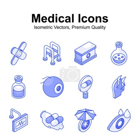 Gut gestaltete isometrische Symbole für Medizin und Gesundheitswesen im trendigen Stil