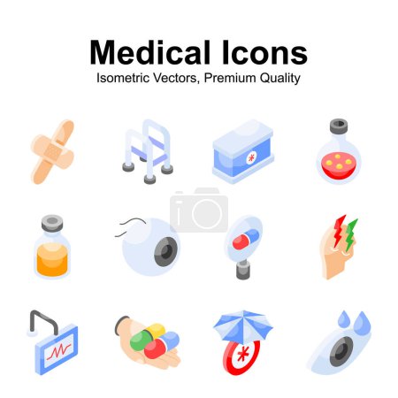 Well designed medical and healthcare isometric icons set in trendy style