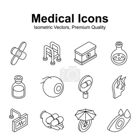 Gut gestaltete isometrische Symbole für Medizin und Gesundheitswesen im trendigen Stil