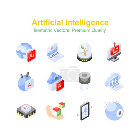 Conjunto de iconos isométricos de inteligencia artificial, listos para usar vectores de calidad premium