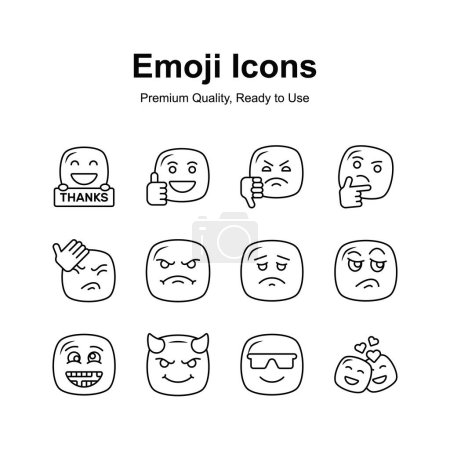 Téléchargez les illustrations : Expressions faciales mignonnes, ensemble d'icônes émoticônes, style design tendance - en licence libre de droit