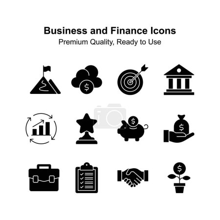 Packung mit Geschäfts- und Finanzsymbolen isoliert auf weißem Hintergrund