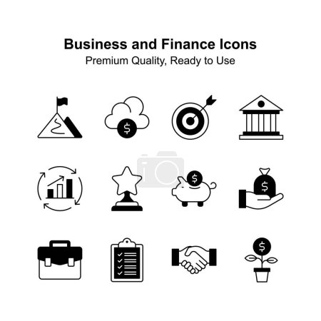 Packung mit Geschäfts- und Finanzsymbolen isoliert auf weißem Hintergrund