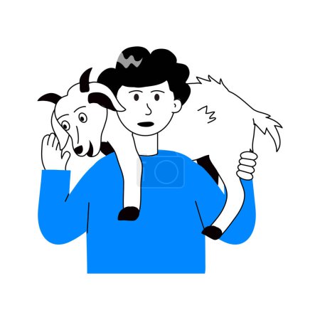 A man carrying goat on his shoulders, concept illustration of animal care