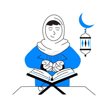 Une femme musulmane récitant le Saint Coran, lisant l'illustration premium du Coran