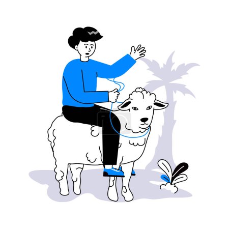 Ein Junge, der auf Schafen sitzt und mit Tierfiguren spielt