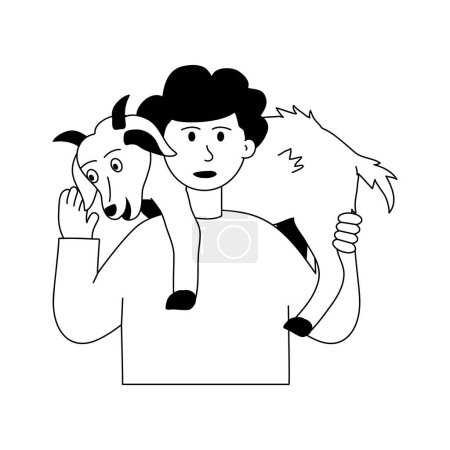 Ein Mann, der Ziege auf seinen Schultern trägt, Konzeptillustration der Tierpflege