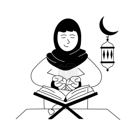 Une femme musulmane récitant le Saint Coran, lisant l'illustration premium du Coran