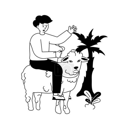 Ein Junge, der auf Schafen sitzt und mit Tierfiguren spielt