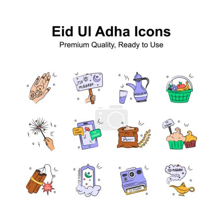 Ilustración de Echa un vistazo a la creatividad ul eid adha iconos en mano dibujado doodle stylee - Imagen libre de derechos