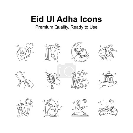 Téléchargez les illustrations : Icônes créatives de l'Aïd ul Adha dans le style doodle moderne - en licence libre de droit