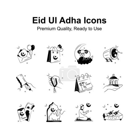 Téléchargez les illustrations : Icônes créatives de l'Aïd ul Adha dans le style doodle moderne - en licence libre de droit