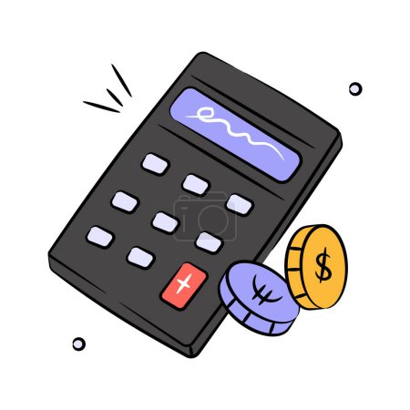 Calculatrice avec pièces dénotant vecteur de concept comptable, icône de calcul de l'argent