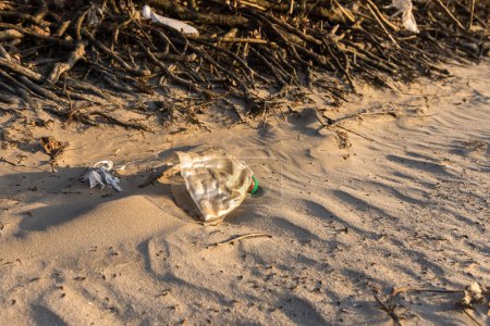 Foto de Basura en la orilla del río. plásticos y contaminación de la naturaleza. - Imagen libre de derechos