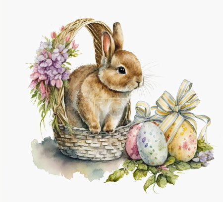 Niedliches Aquarell-Kaninchen mit Schleife am Hals in Korb mit Ostereiern, Blumen, auf weißem Hintergrund in sanften Farben.