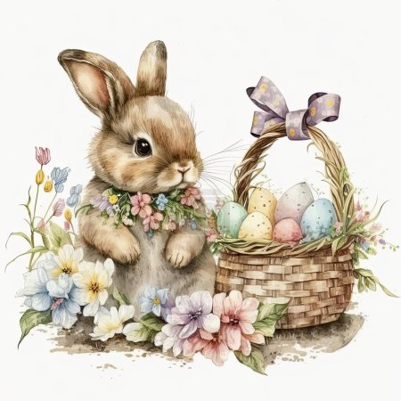 Photo for Cute watercolour little rabbit with a bow ribbon on neck in basket with easter eggs, flowers, on white background in soft colours. - Royalty Free Image
