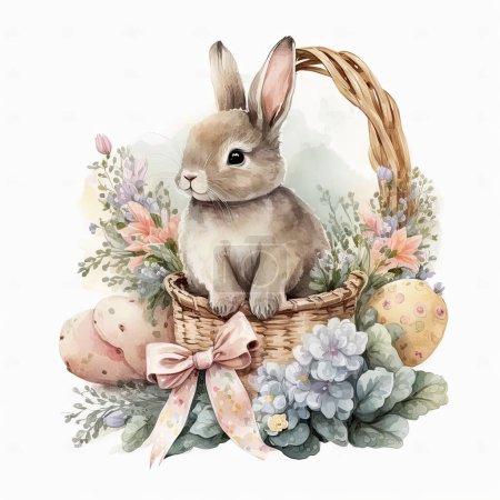 Niedliches Aquarell-Kaninchen mit Schleife am Hals in Korb mit Ostereiern, Blumen, auf weißem Hintergrund in sanften Farben.