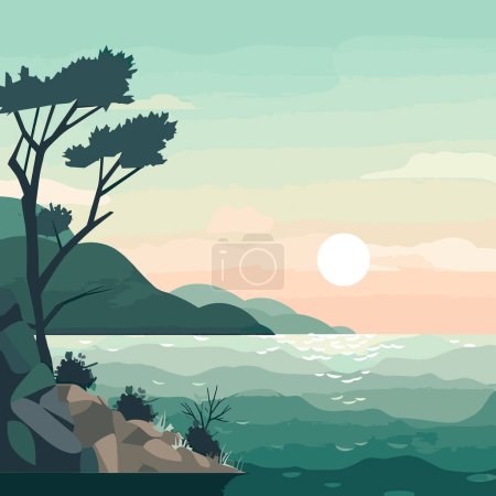 Ilustración de Ilustración vectorial con paisaje marino en estilo plano. - Imagen libre de derechos