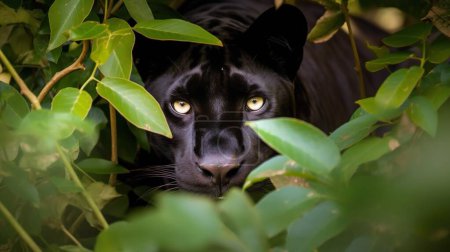 Schwarzer Panther im Gebüsch lauert und wartet auf Spiel.