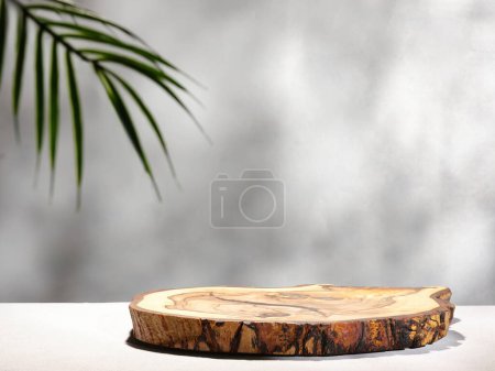 Téléchargez les photos : Natural wood podium for product presentation - en image libre de droit